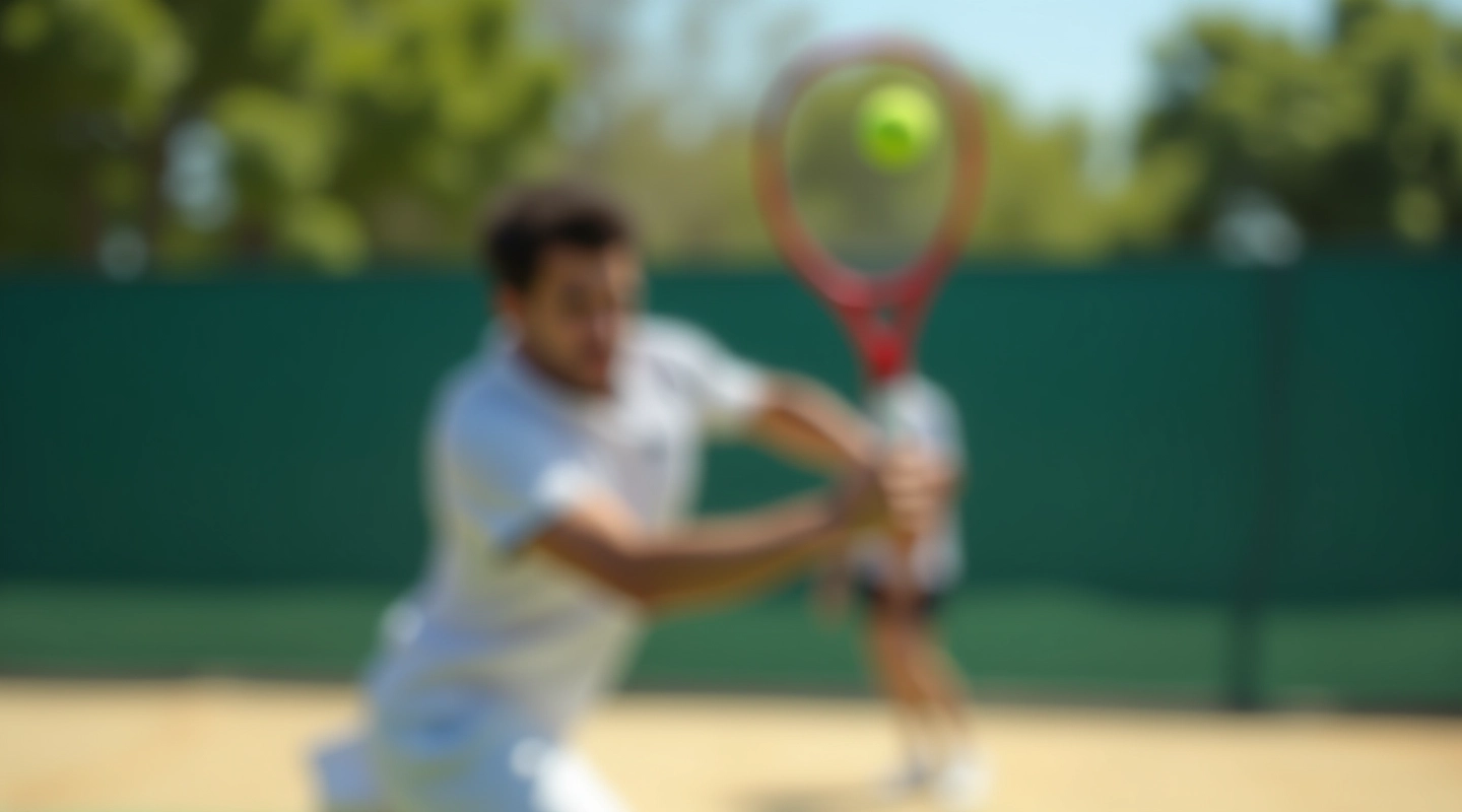 لاعب تنس يؤدي الضربة الخلفية باليدين على ملعب خارجي مشمس مع تركيز على الموضع الصحيح